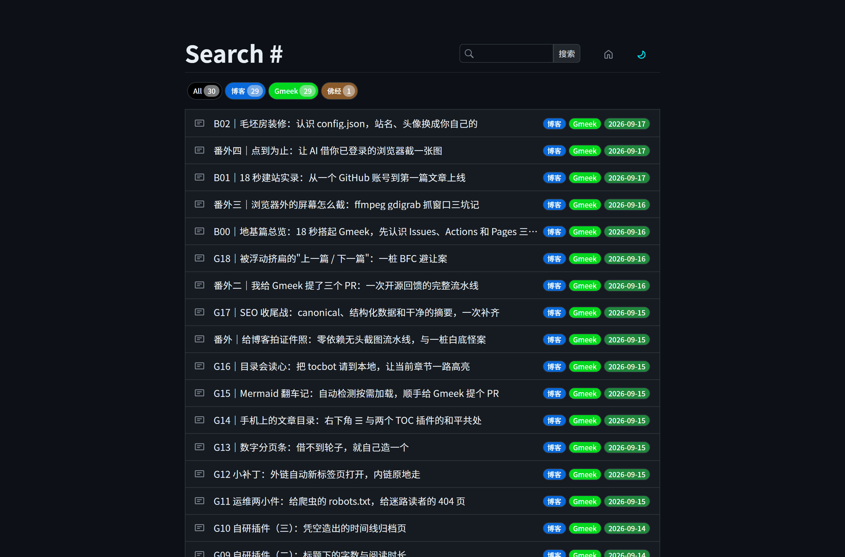 本站 tag.html 分类页:顶部 All 30、博客 29、Gmeek 29、佛经 1 四个标签胶囊,下方是带日期色签的文章列表