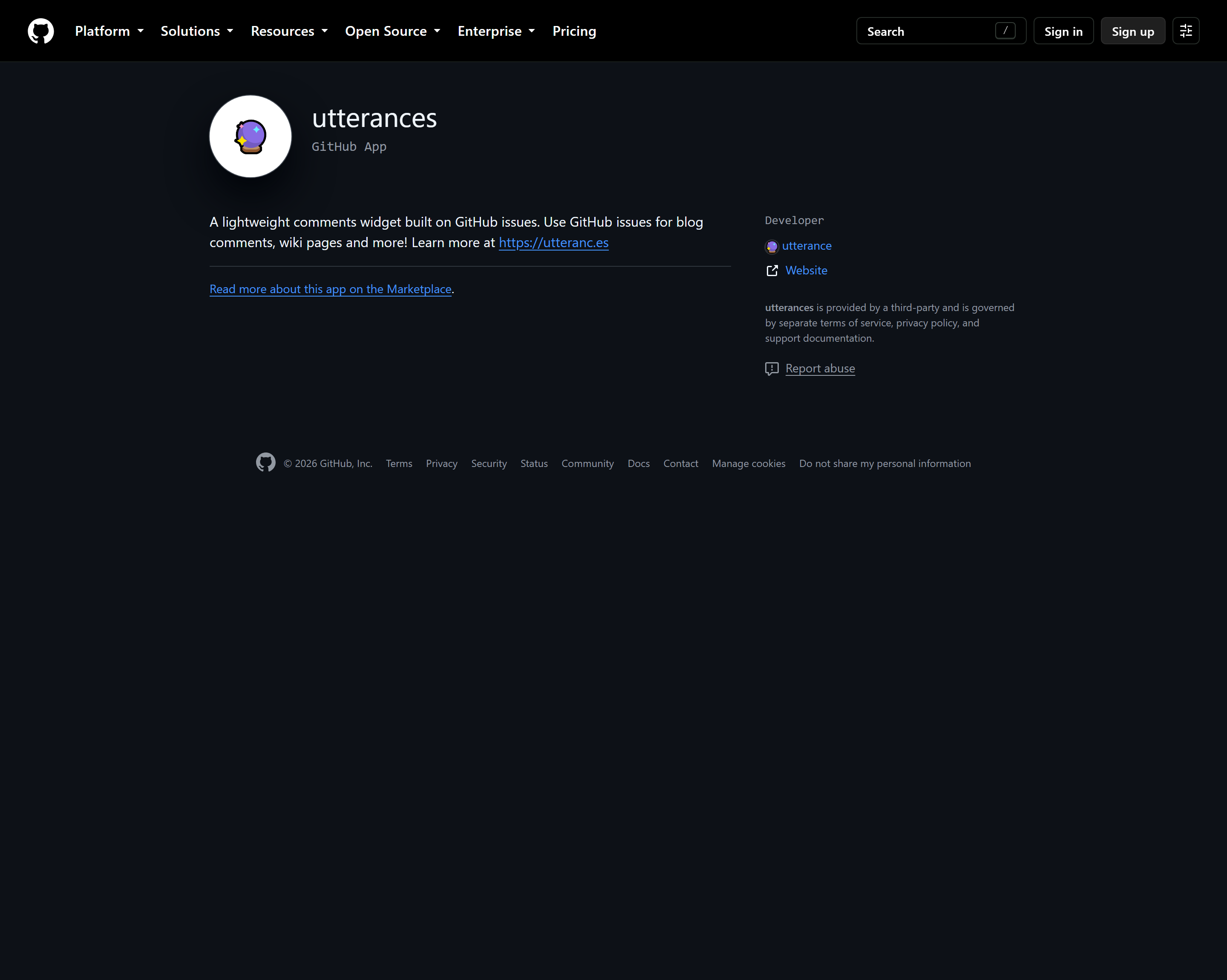 GitHub 上的 utterances App 页面:标题 utterances,简介"A lightweight comments widget built on GitHub issues",下方列出它将获得的 Issues 读写权限,右侧有 Install 安装按钮,深色主题