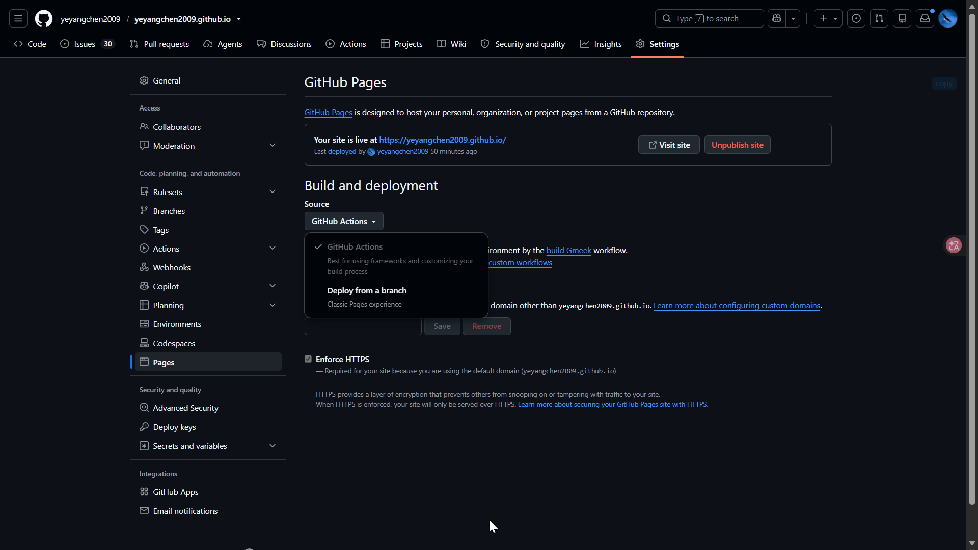 成品二:Pages 发布源下拉展开,GitHub Actions 带着对勾,下面是经典的分支部署